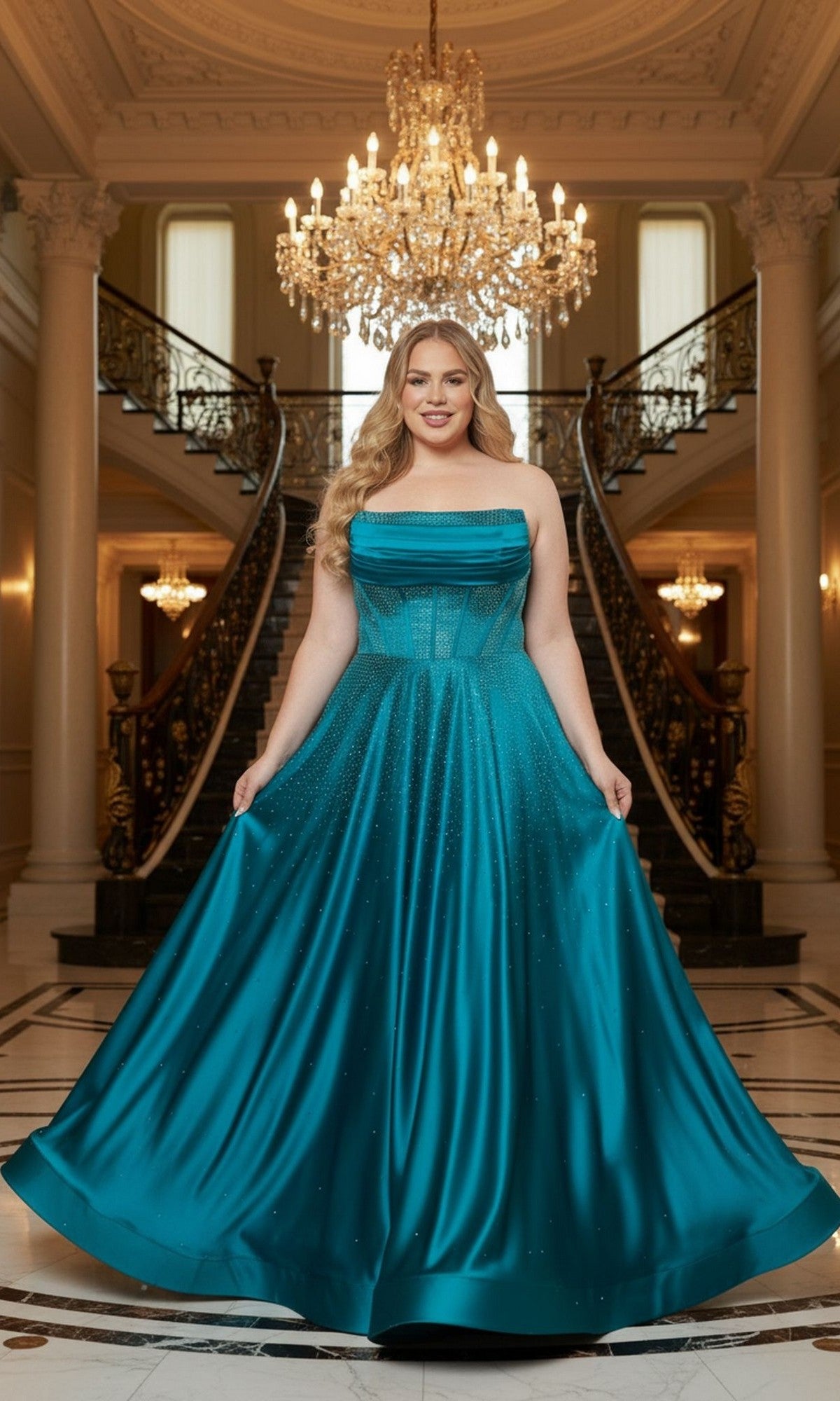 A woman wearing the Long Plus-Size Prom Dress: Poly USA W1244 in teal stands in a grand foyer with marble floors, a sweeping staircase, and a chandelier overhead.